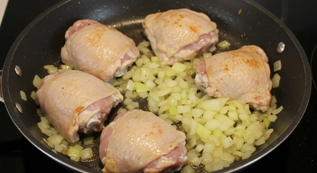 Cooking process for Churu Chicken Amarillo, featuring chicken thighs being seared in a skillet with olive oil until golden brown.
