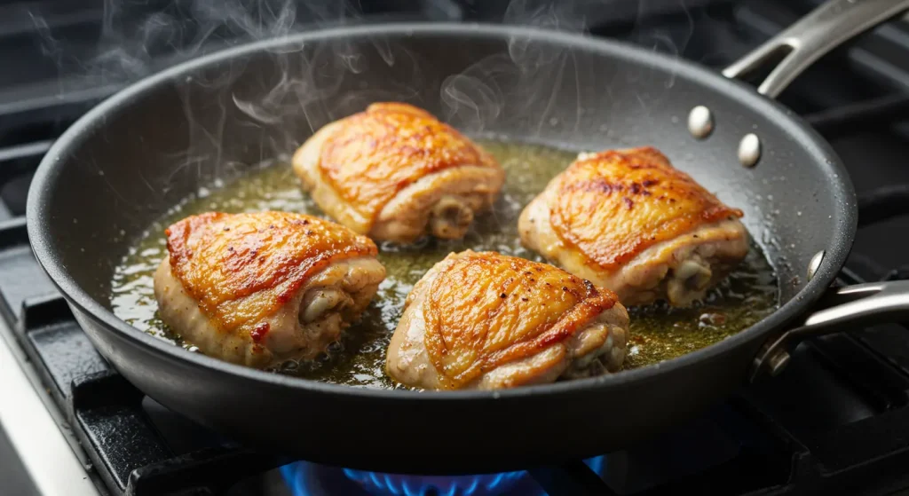 Searing chicken thighs in a skillet, creating a golden-brown crust.

