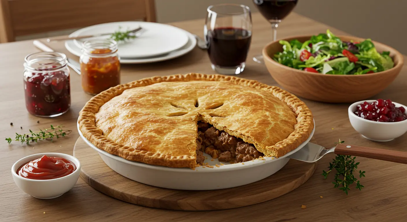 Sliced French Canadian Meat Pie served on a plate with a side of cranberry sauce and fresh herbs.