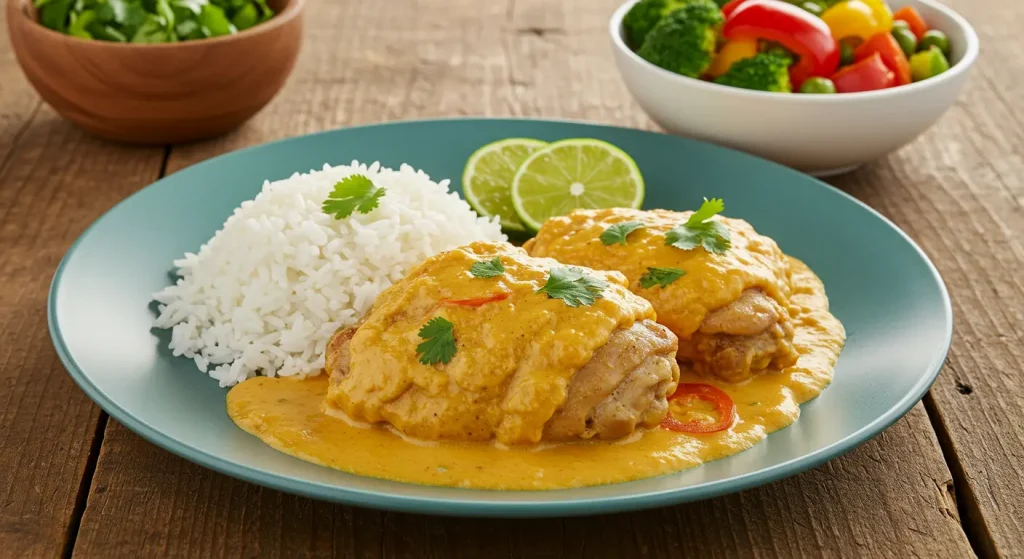 Serving Churu Chicken Amarillo over a bed of white rice, garnished with fresh cilantro and lime wedges.
