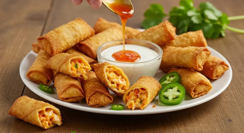 Perfect Crispy Egg Roll Wrapper Goat Cheese Jalapeño Recipe 18 A beautifully arranged platter of crispy egg roll wrapper bites, drizzled with sweet chili sauce and garnished with fresh cilantro.