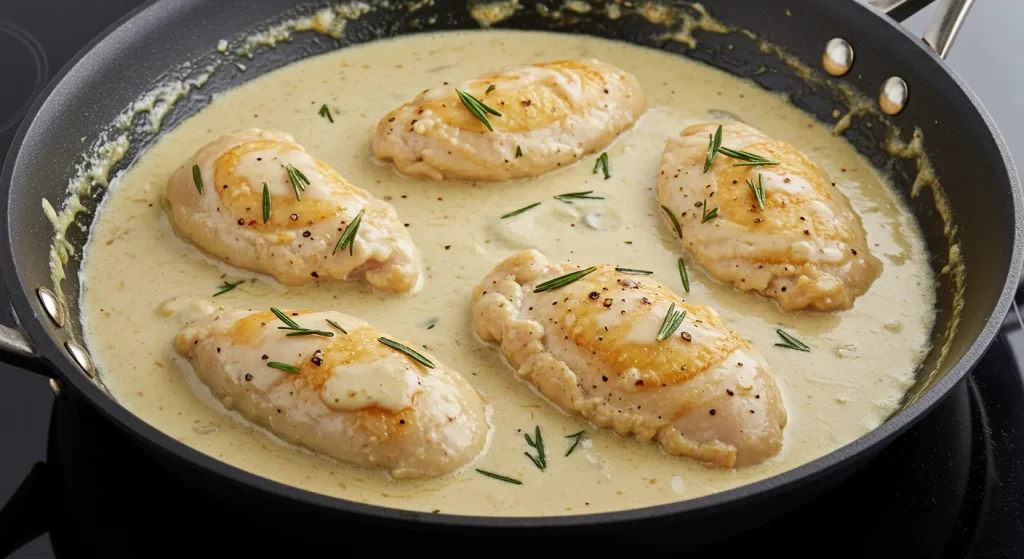 Simmering chicken in a creamy sauce in a skillet, allowing it to absorb flavors and thicken.
