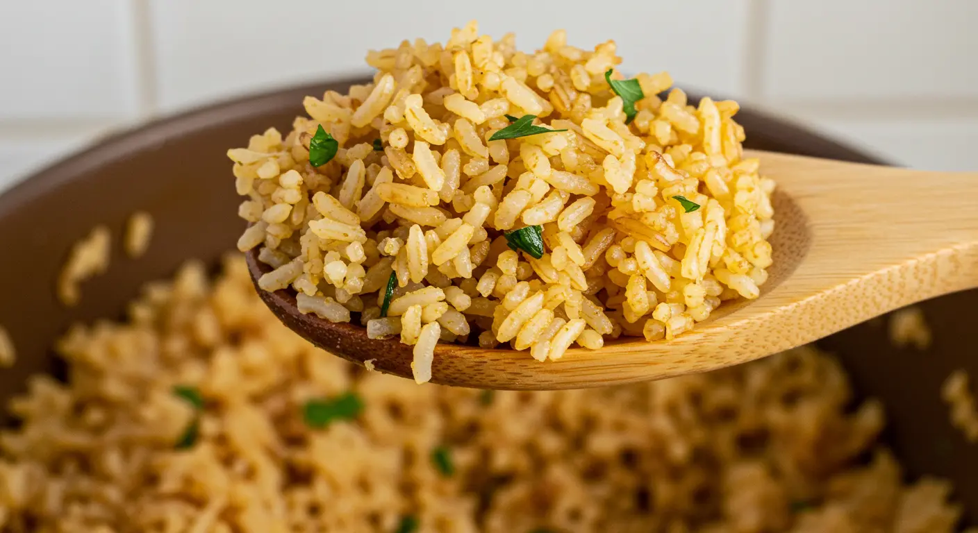 Easy French Onion Soup Rice: A Cozy Twist on a Classic Comfort Food 18 A spoonful of golden, caramelized rice from French Onion Soup Rice, showcasing tender grains coated in rich, savory flavors