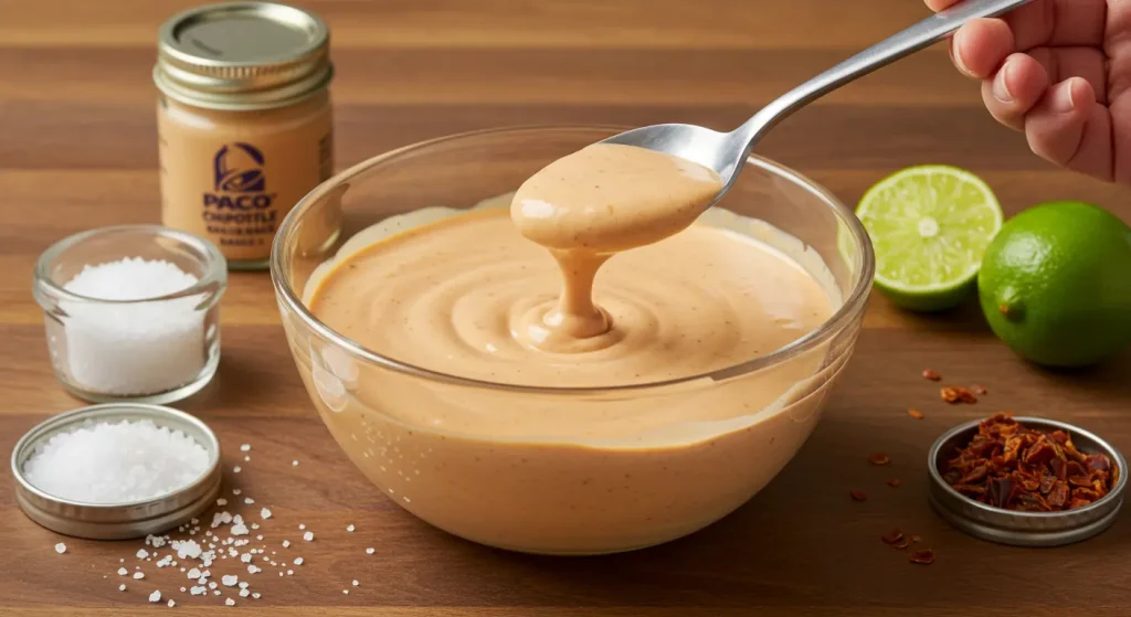 In 10 Mins ! Perfect Taco Bell Chipotle Sauce Recipe 20 Taco Bell Chipotle Sauce recipe step: Tasting and adjusting seasoning in a mixing bowl with salt, lime, and chipotle pepper nearby.