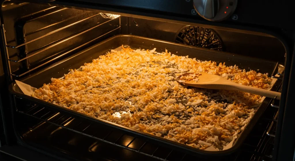 A baking sheet with shredded coconut toasting in the oven, turning golden brown for Pineapple Coconut Dream Cake.