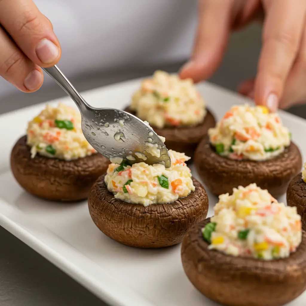 Easy Red Lobster Stuffed Mushrooms: Quick, Cheesy Bites! 16 Hands carefully stuffing mushroom caps with a creamy crab and cheese mixture, pressing lightly to secure the filling.