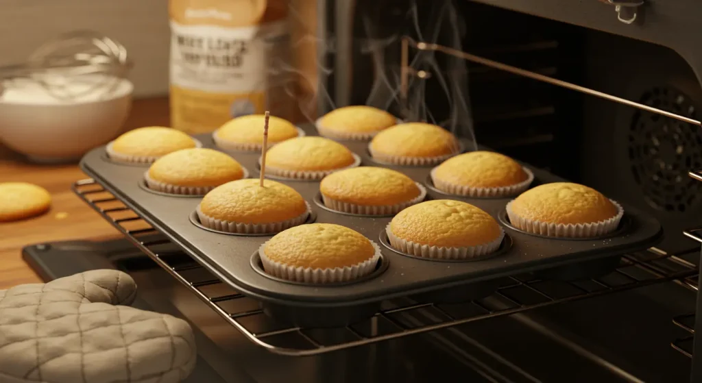 Easy Fudgy White Chocolate Cupcakes: Quick No-Chill Recipe 18 A tray of golden-brown White Chocolate Cupcakes fresh out of the oven, with a toothpick inserted into one cupcake to test for doneness, sitting on a wire rack to cool.