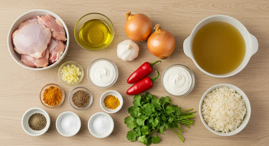 Essential ingredients for Churu Chicken Amarillo, including Aji amarillo peppers, chicken thighs, garlic, onion, and heavy cream, arranged neatly on a wooden surface.
