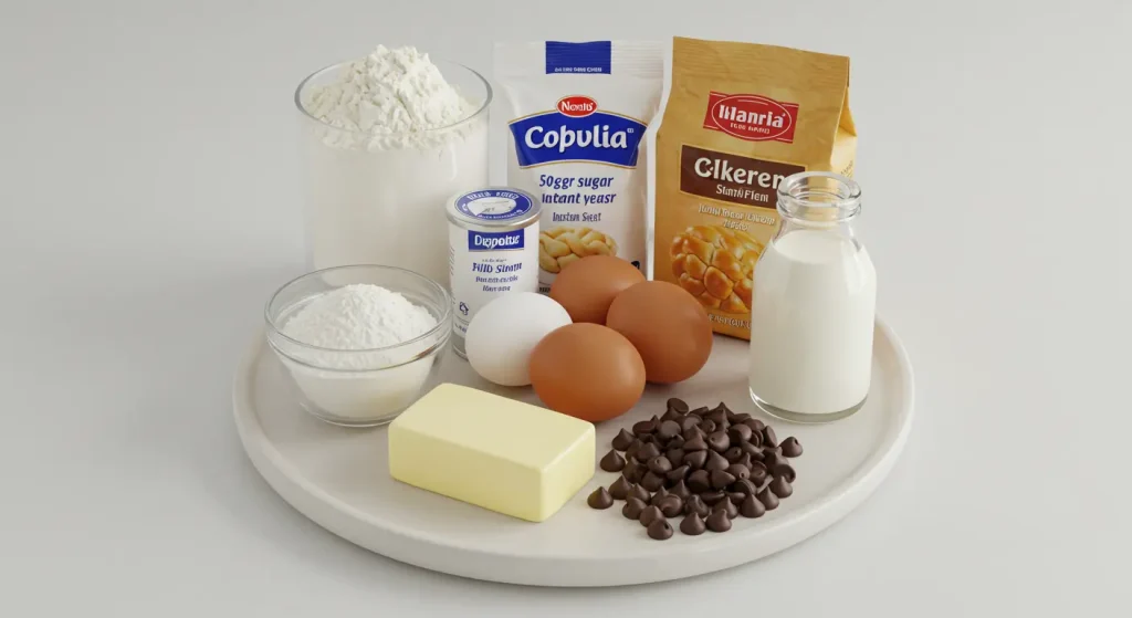 Perfect Braided Chocolate Chip Brioche Recipe 15 ingredients for braided chocolate chip brioche including flour, sugar, chocolate chips, and butter