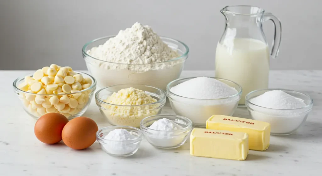 Easy Fudgy White Chocolate Cupcakes: Quick No-Chill Recipe 14 A neatly arranged collection of ingredients for White Chocolate Cupcakes, including flour, sugar, eggs, butter, milk, vanilla extract, baking powder, salt, and white chocolate, displayed on a rustic kitchen counter with soft natural lighting