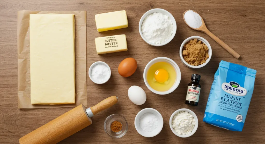 Ingredients for making crookies, including puff pastry, butter, sugar, eggs, flour, chocolate chips, and vanilla extract, arranged on a rustic wooden table.