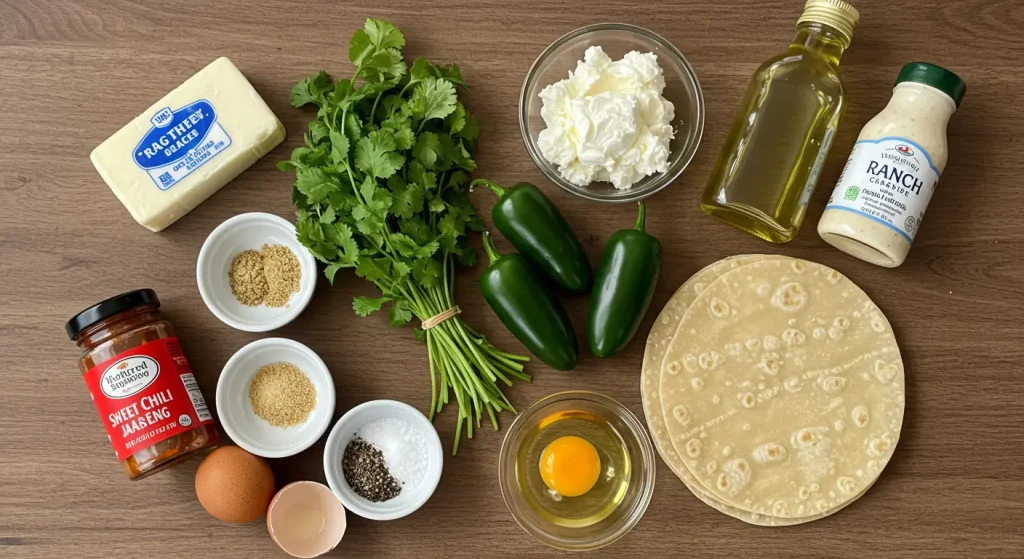 Perfect Crispy Egg Roll Wrapper Goat Cheese Jalapeño Recipe 14 Ingredients for making egg roll wrapper goat cheese jalapeño bites, including goat cheese, jalapeños, cream cheese, egg roll wrappers, and seasonings arranged on a rustic wooden surface.