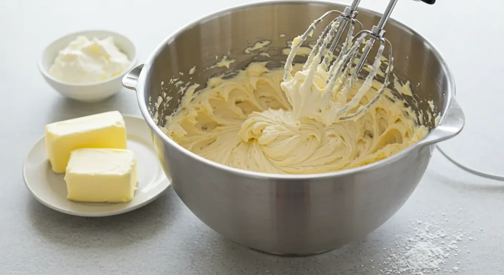 A mixing bowl filled with creamy frosting for Pineapple Coconut Dream Cake, made with cream cheese, butter, and powdered sugar.