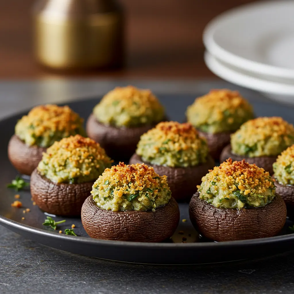 Easy Red Lobster Stuffed Mushrooms: Quick, Cheesy Bites! 19 A beautifully arranged platter of golden, baked stuffed mushrooms garnished with fresh parsley, ready to be served as an appetizer.
