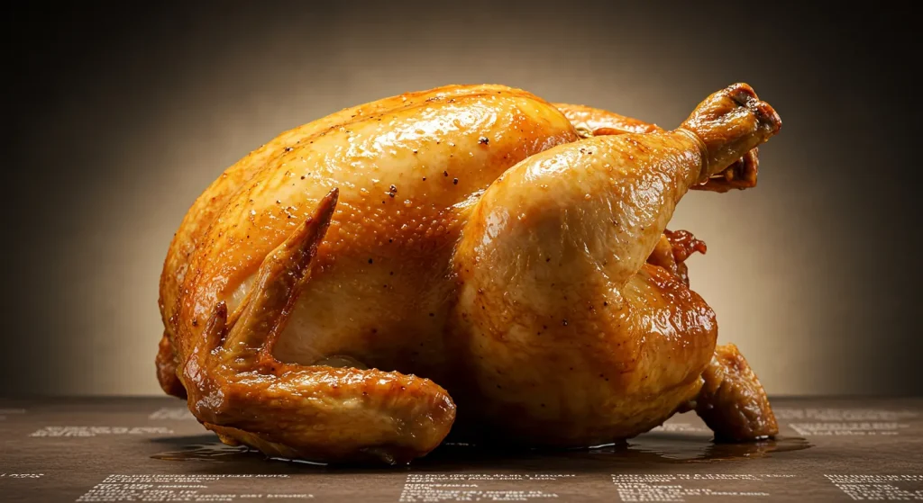Rotisserie chicken with faint labels listing additives like sodium phosphate, carrageenan, and maltodextrin, questioning the naturalness of the product.