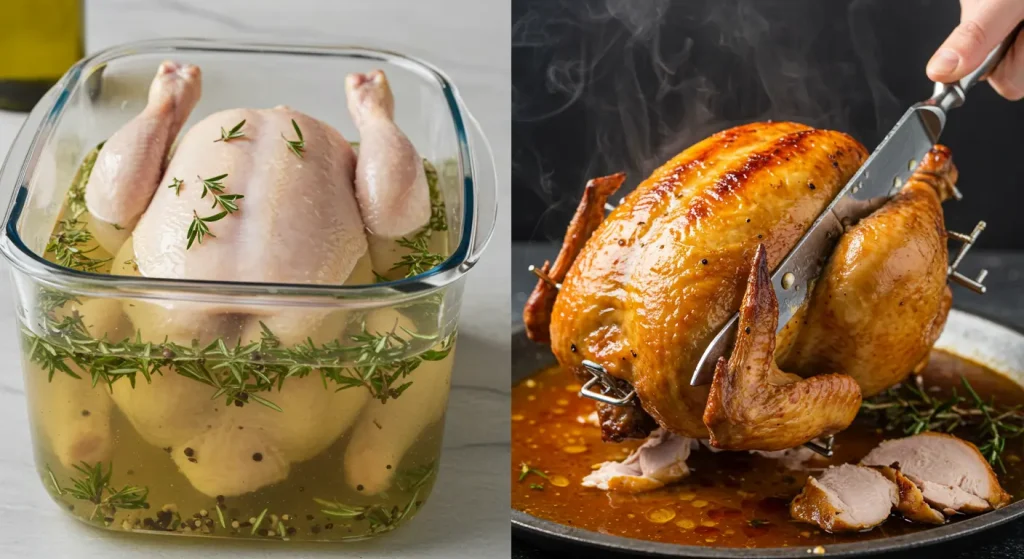 Split-screen image showing a chicken soaking in brine and a perfectly cooked, juicy rotisserie chicken, illustrating the benefits of brining.