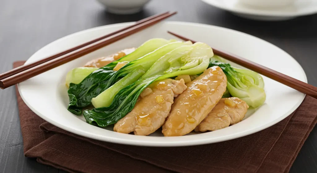 10 Perfect And Easy Healthiest Chinese Food Dishes 20 A light and healthy dish of Chicken with Bok Choy, featuring tender chicken breast paired with vibrant green bok choy in a savory sauce.