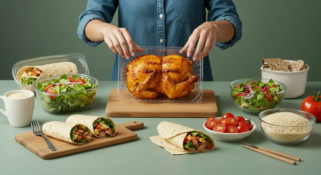  A busy person quickly assembling a meal with rotisserie chicken, fresh vegetables, and whole grains, showcasing the ease of meal preparation.

