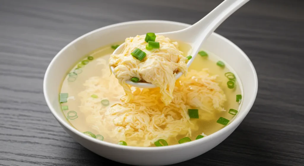10 Perfect And Easy Healthiest Chinese Food Dishes 21 A warm bowl of Egg Drop Soup, featuring a light broth with silky egg ribbons, garnished with fresh ginger and scallions.