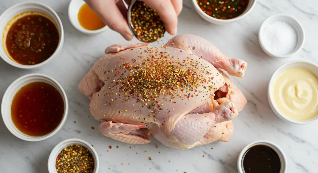 Raw chicken surrounded by an array of colorful herbs, spices, and marinades, inspiring creativity in rotisserie chicken flavoring.