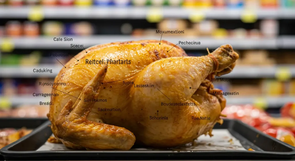 Close-up of rotisserie chicken skin, highlighting its high saturated fat content (12.9g per 4oz serving