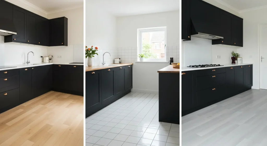 Best Black Kitchen Cabinets Ideas 18 : Light Flooring Options Black Kitchen Cabinets