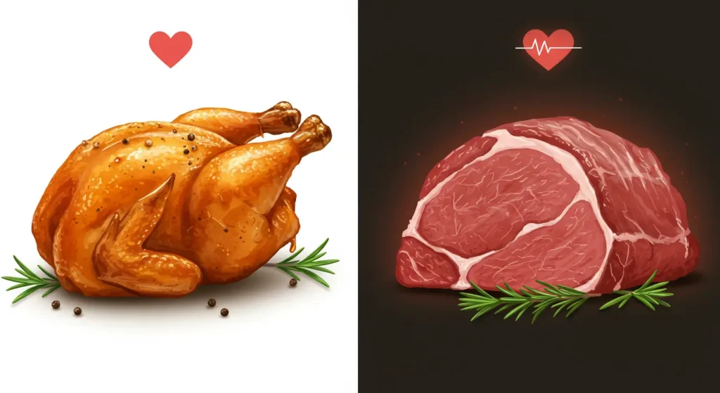 Comparison image highlighting rotisserie chicken alongside fattier cuts of beef, pork, and lamb, illustrating the lower saturated fat content in chicken.
