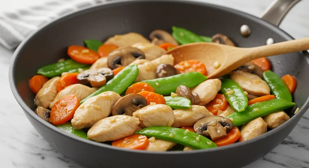 10 Perfect And Easy Healthiest Chinese Food Dishes 15 A delicious serving of Moo Goo Gai Pan featuring sliced chicken breast, mushrooms, and colorful vegetables stir-fried in a light sauce.