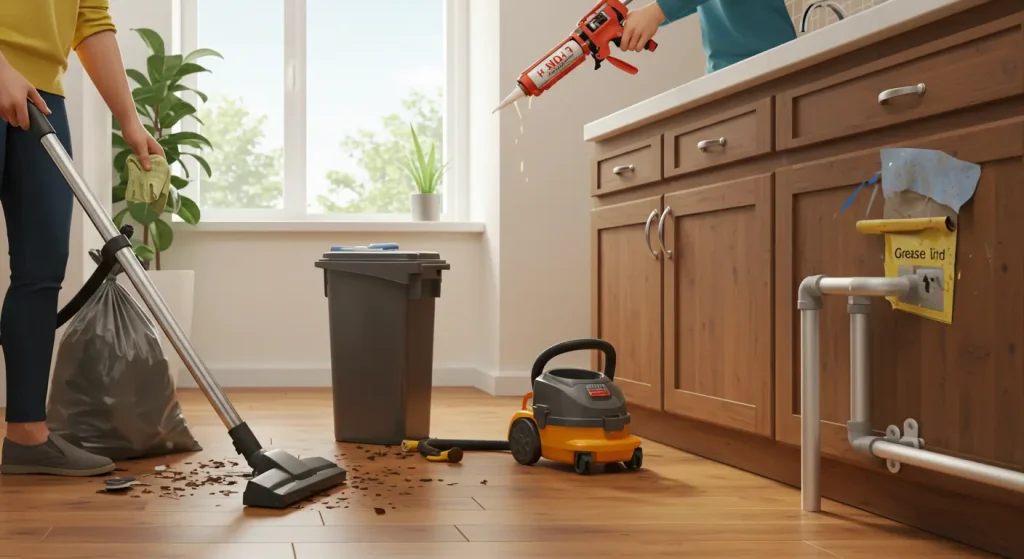 Products to Kill Roach Eggs 15 Person deep cleaning a kitchen by vacuuming floors, emptying trash, and sealing entry points with caulk.