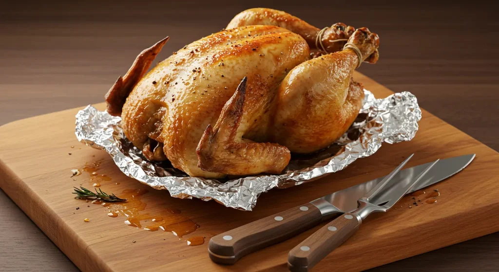  Roasted rotisserie chicken resting on a cutting board, tented with foil, showcasing the importance of resting for optimal flavor and tenderness.