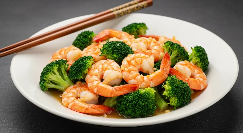 10 Perfect And Easy Healthiest Chinese Food Dishes 18 A delicious plate of Shrimp with Broccoli in Garlic Sauce, featuring succulent shrimp paired with vibrant broccoli florets in a savory garlic sauce.