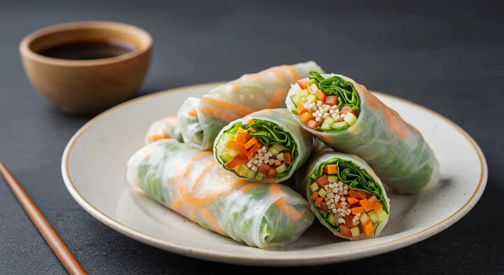 10 Perfect And Easy Healthiest Chinese Food Dishes 22 A plate of fresh spring rolls made with rice paper wrappers, filled with colorful vegetables and served with a dipping sauce.