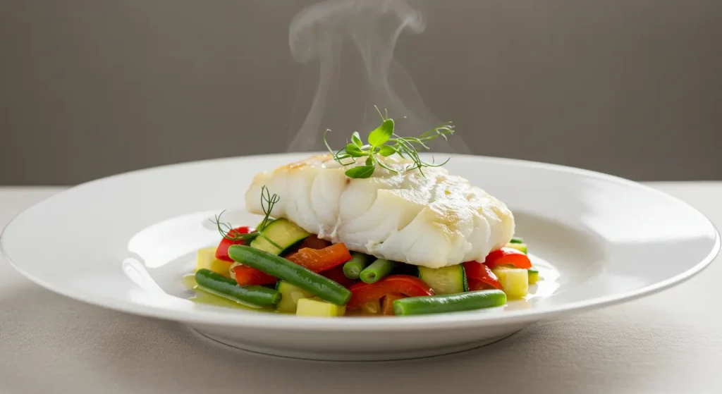 10 Perfect And Easy Healthiest Chinese Food Dishes 16 A beautifully plated dish of steamed fish accompanied by colorful seasonal vegetables, highlighting a healthy meal option.