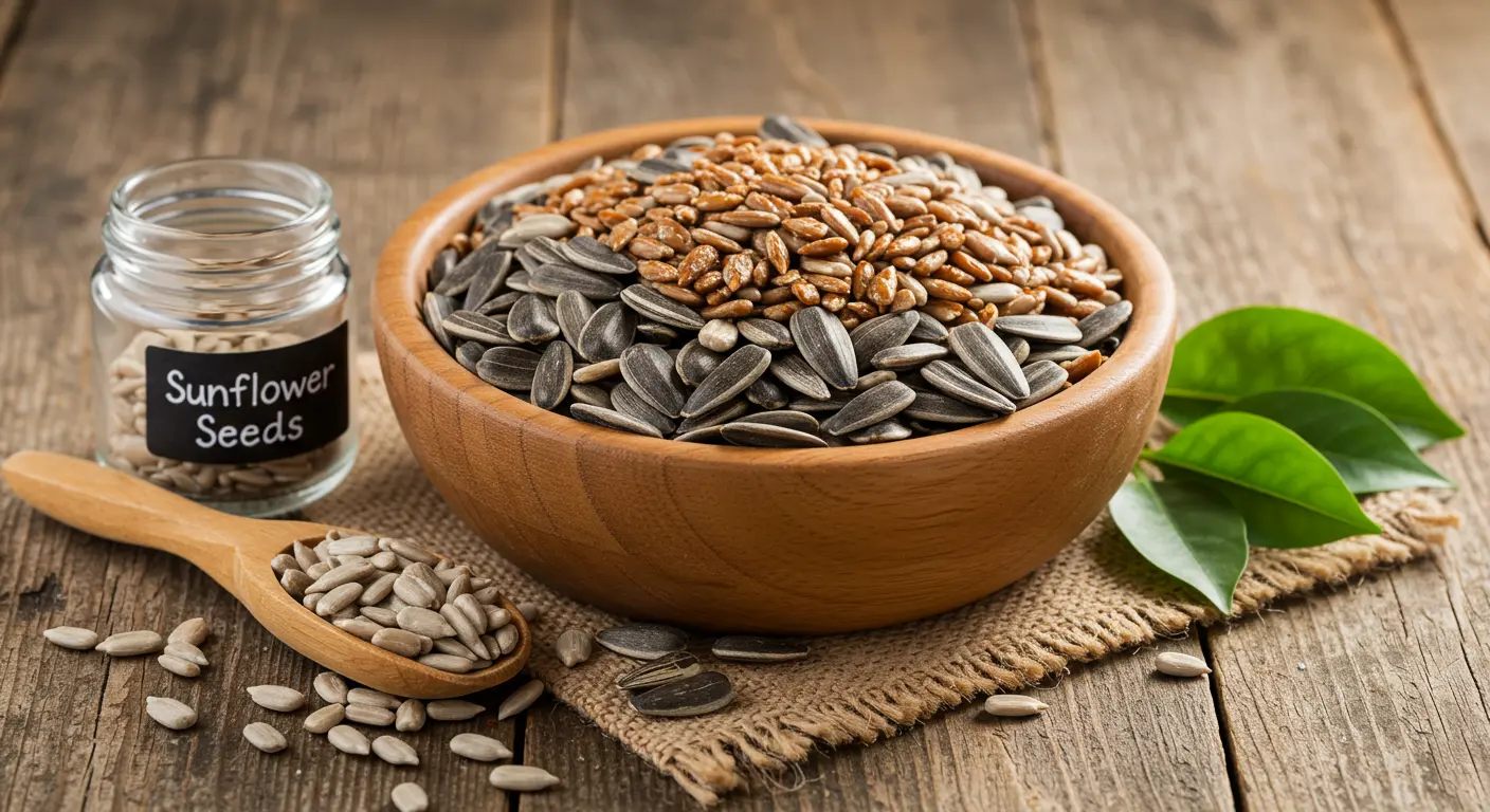 A bowl of sunflower seeds surrounded by oats, dried fruits, and a label highlighting their health benefits for diabetes management.