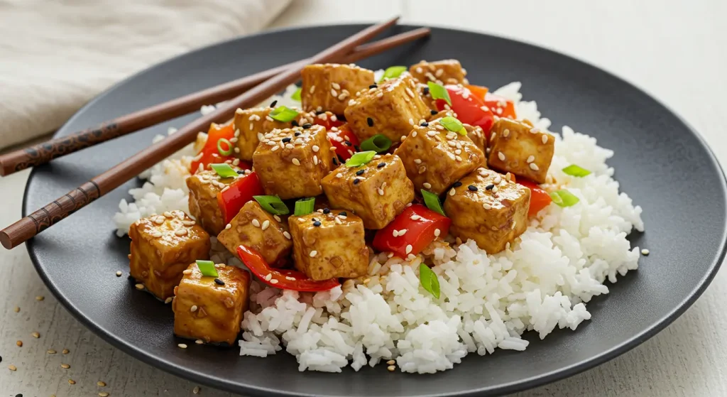 10 Perfect And Easy Healthiest Chinese Food Dishes 17 A vibrant dish of Szechuan Tofu featuring crispy tofu cubes in a spicy sauce with garlic, ginger, and chili peppers, garnished with fresh vegetables.