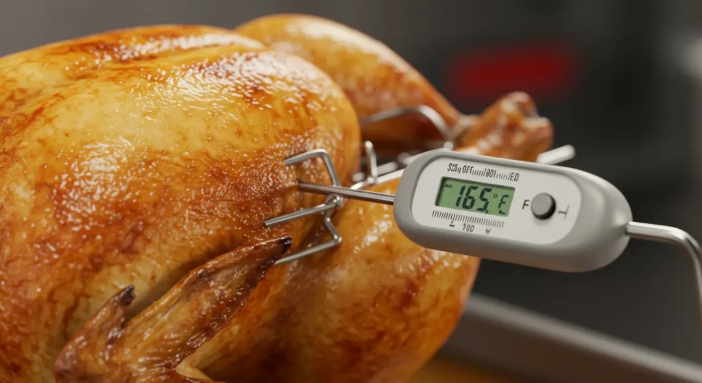 Close-up of a meat thermometer inserted into a rotisserie chicken, displaying a safe internal temperature of 165°F (74°C).