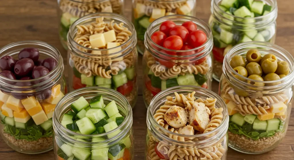 pasta salad jars, cold lunch ideas for kids
