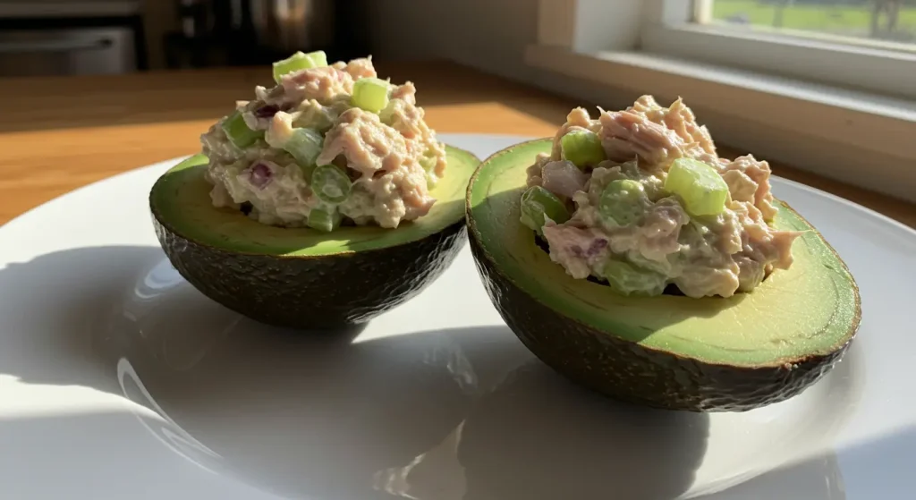 tuna salad stuffed avocado, high-protein lunch ideas